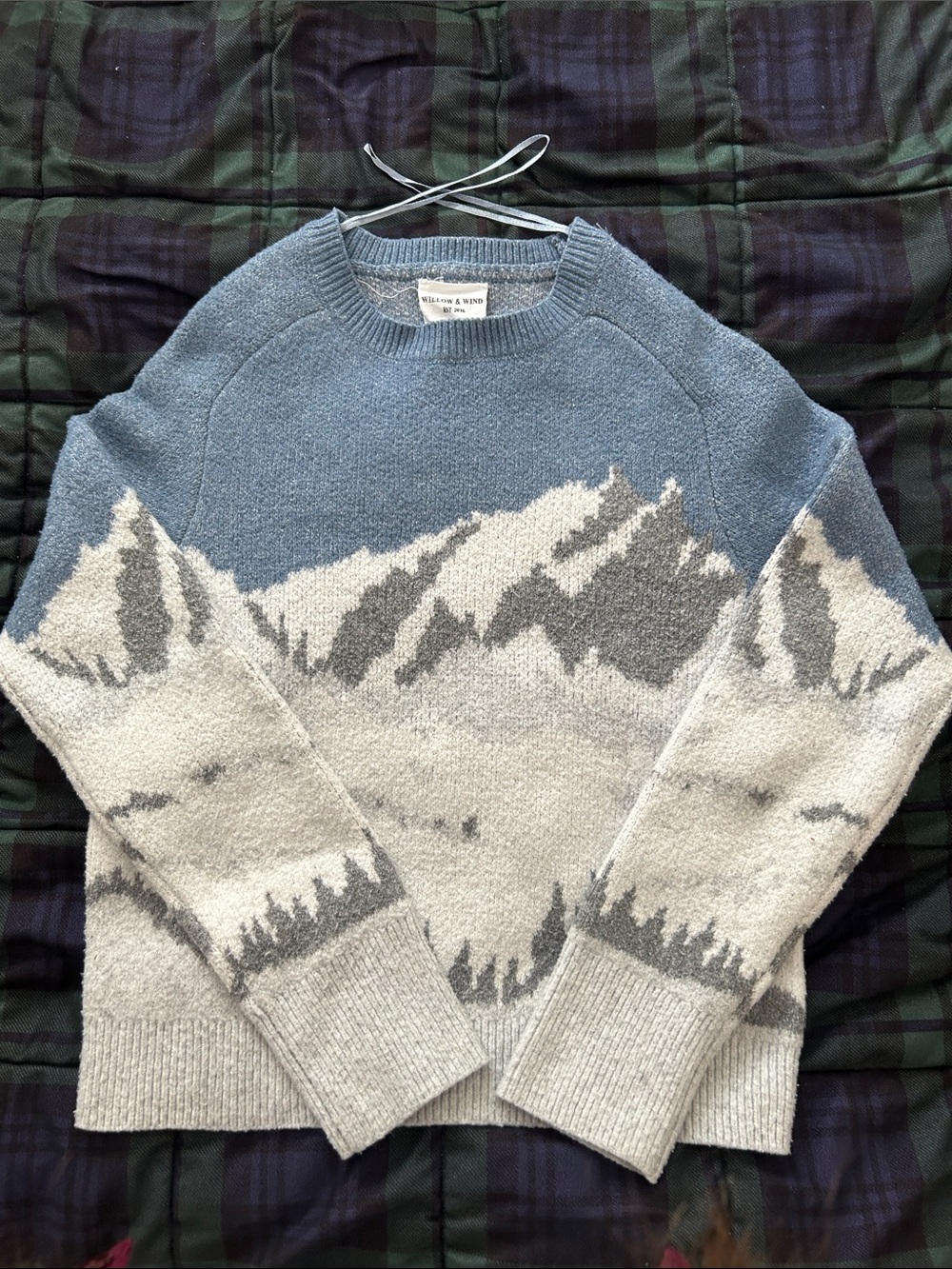 Blue, Cream and Gray Mountain Crewneck Sweater
